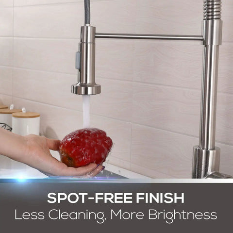 High Arc Kitchen Sink Faucet With Single Handle And Pull Out Spray Head In Stainless Steel Brushed Finish powerful sprayer in use