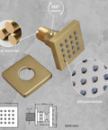 Straight Up Premium Dual Rain Shower System In Slick Brushed Gold Finish Featuring LED Ceiling Head Four Function Thermostatic Valve And Solid Brass Body showing brass shower head with silicone nozzles and rotation feature.