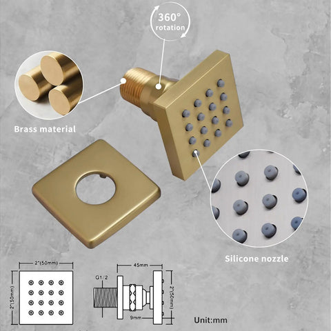 Straight Up Premium Dual Rain Shower System In Slick Brushed Gold Finish Featuring LED Ceiling Head Four Function Thermostatic Valve And Solid Brass Body showing brass shower head with silicone nozzles and rotation feature.