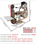 Built Like A Tank 2x72 Inch Belt Grinder Sander With Smooth 1500W Motor showing dimensions and belt sizes for commercial metal fabrication.