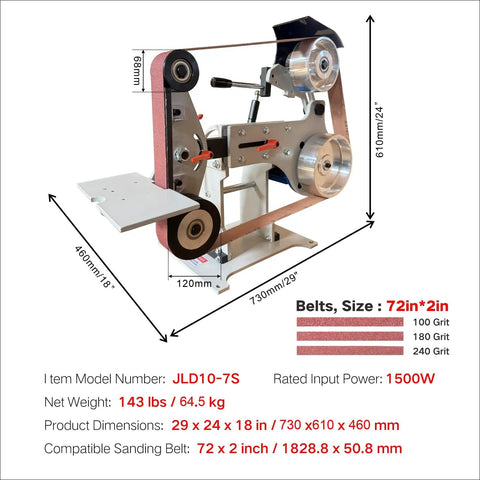 Built Like A Tank 2x72 Inch Belt Grinder Sander With Smooth 1500W Motor showing dimensions and belt sizes for commercial metal fabrication.