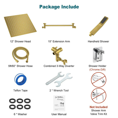 Package contents of Brushed Gold 12 Inch Square Shower Head Kit With 3 Way Diverter Holder Extension Arm And Hose All Metal 304 Stainless Steel