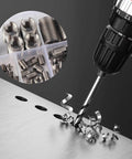 50 Pcs Quick Thread Inserts With Storage Case M3 Self Tapping Thread Inserts Stainless Steel Inner Thread Reinforcement Set For Durable Repairs In Wood Plastic And Metal No Pre Tap Needed Easy To Install, shown with drill in metal surface, storage case with various inserts.