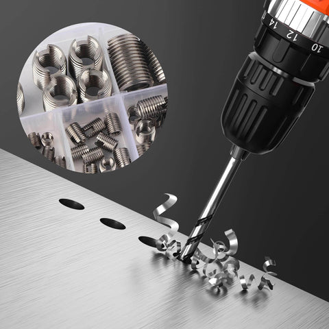 50 Pcs Quick Thread Inserts With Storage Case M3 Self Tapping Thread Inserts Stainless Steel Inner Thread Reinforcement Set For Durable Repairs In Wood Plastic And Metal No Pre Tap Needed Easy To Install, shown with drill in metal surface, storage case with various inserts.