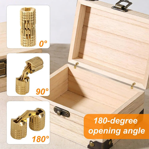 Top Shelf Eight Millimeter Hidden Brass Barrel Hinge Set With No Fuss Installation Drill Bit And Screws For Nailed It 180 Degree Furniture And Jewelry Box Diy Craft Projects showing various opening angles of hinges.