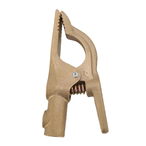 Sturdy Brass A Shaped Welding Ground Clamp With High 300 Amp Conductivity For Heavy Duty Stick And Arc Welder Jobs That Get Tough And Need Reliable Power Connections Every Time, close-up view.
