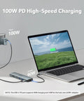 USB C Hub 7 In 1 Multi Port Adapter For Laptop With 4K HDMI Output 2 USB A 3.1 Ports USB C Data Port PD 100W Charging MicroSD And SD Card Slots Space Grey Aluminum Dock For Work From Home And On The Go connected to a laptop