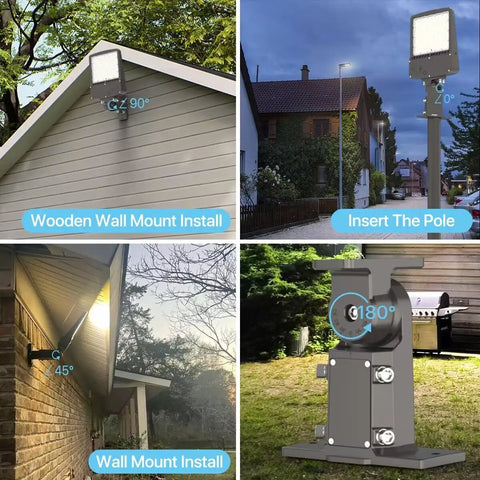 Top Notch 200W LED Parking Lot Light With Built In Photocell in various installations: wall, pole, and arm mount configurations.