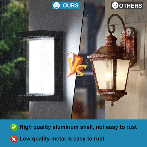 Outdoor Porch Light 18W 6000K 1800LM Double Layer Waterproof Cover Wall Mount IP65 shown next to a rusted alternative.