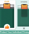 Comparison of Ultramarine Green Bubble Mailers 6x10 Inch showing privacy advantage with matte opaque finish vs transparent mailers