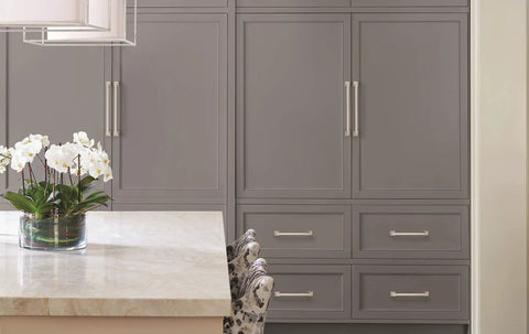 Beefy Satin Nickel 12 Inch Center To Center Appliance Pull For Paneled Appliances And Large Cabinets Mulholland Style Drawer Pull Traditional Cabinet Hardware With A Long Thirteen And Three Sixteenths Inch Overall Length on gray cabinets