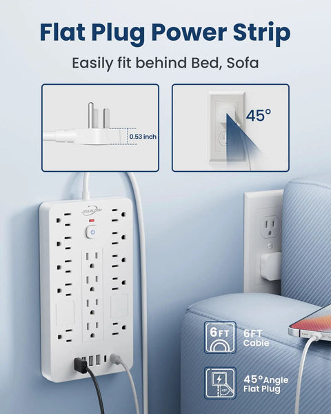 Power Strip Surge Protector With 14 Outlets And 6 USB Ports Including 2 USB C For Home Office Or Dorm, 6 Ft Flat Plug Extension Cord, 1850 Joules Surge Protection, ETL Listed, Overload Safe, Space Saving 14 Outlet Hub, flat plug beside bed