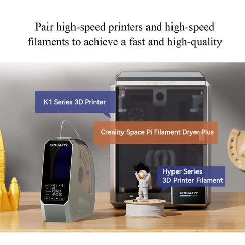 Creality Space Pi Filament Dryer Plus alongside K1 Series 3D Printer and filament spool on desk, 3D printing setup display.