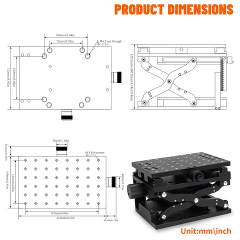 Pro Grade XZ Axis Manual Stage With 50 X 120mm Stroke Sliding Table Rotation And Positioning Platform dimensions diagram