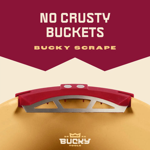 Universal 5 Gallon Bucket Trowel Scraper with stainless steel edge shown on bucket, highlighting scraper design.