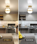 Dope Mid Century Globe Semi Flush Mount Ceiling Light in Brushed Gold with Milky White Glass Shade in kitchen, warm and cool light settings.