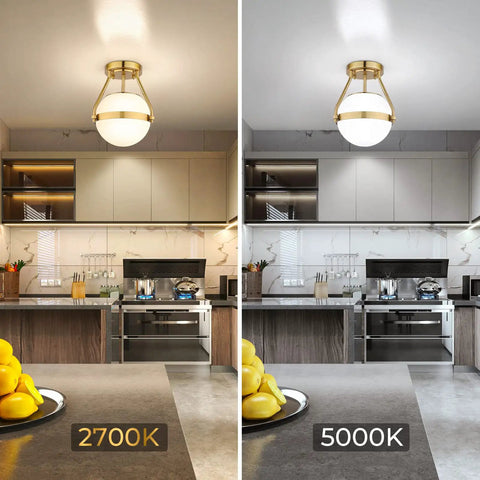 Dope Mid Century Globe Semi Flush Mount Ceiling Light in Brushed Gold with Milky White Glass Shade in kitchen, warm and cool light settings.