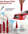 Must Have 19 Piece RC Car Tool Kit with body reamer, curved blade, and ball bearing driver shown on red RC car model.
