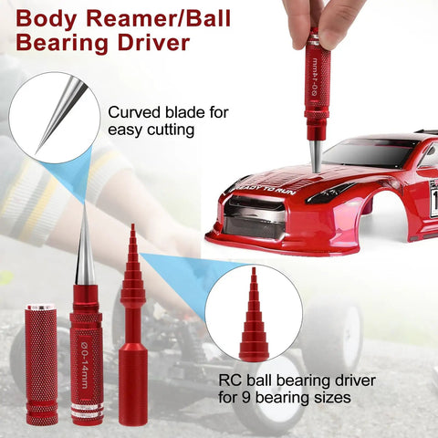 Must Have 19 Piece RC Car Tool Kit with body reamer, curved blade, and ball bearing driver shown on red RC car model.