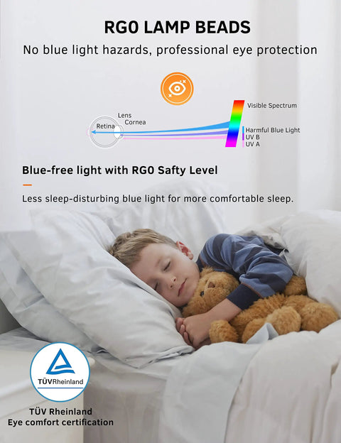 Child sleeping with teddy, no blue light hazard, RGO lamp beads, TÜV Rheinland eye comfort certification visible in image