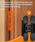 Professional Grade Dead Simple Hidden Hinge Template And Invisible Router Guide For Seamless Door Hardware Installation Kit 6 Inch showing orange jig and black hinge on wood.