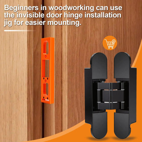 Professional Grade Dead Simple Hidden Hinge Template And Invisible Router Guide For Seamless Door Hardware Installation Kit 6 Inch showing orange jig and black hinge on wood.