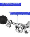 Old School Clown Horn For Kids And Bikes And Cars, Vintage Metal Twist Siren Hooter With Loud Honk, Durable Stainless Bike Horn Featuring Soft Rubber Ball, Classic Snail Air Horn For Vehicles, Bicycles, Golf Carts And More, side view showing stainless steel body and soft rubber ball.