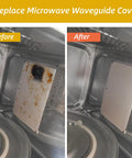 Before and after view of Four Pack Microwave Waveguide Covers For DIY Microwave Repair 5.1 By 5.1 Inch Mica Plates Replacement Kit
