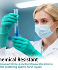 Scientist using Badass Heavy Duty Nitrile Chemical Resistant Gloves Two Pair Medium Latex Free for chemical handling.