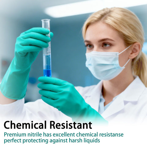 Scientist using Badass Heavy Duty Nitrile Chemical Resistant Gloves Two Pair Medium Latex Free for chemical handling.