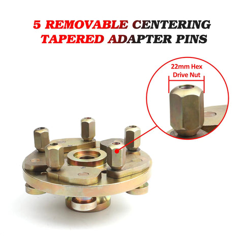 Grip Tight 40mm Shaft Wheel Balancer Adapter With Shop Grade Tire Balancer Clamp, showing removable tapered adapter pins.