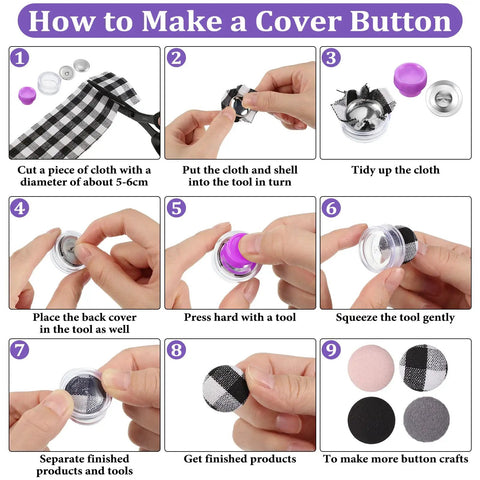 Step-by-step guide for 100 Pack DIY Button Kit With Wire Backs And Tools, Self Cover Fabric Buttons Size 24, 0.59 Inch