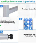 Infographic of Beefy Heavy Duty 3 Tier 5 Gallon Water Bottle Rack For Home Office Kitchen Storage with carbon steel and rubber feet details