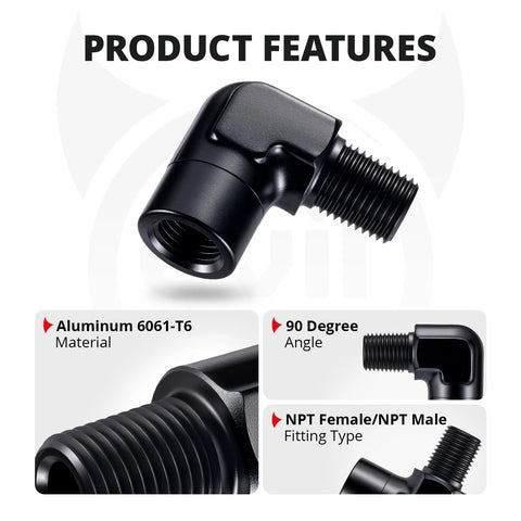 EVIL ENERGY black aluminum 1/4in NPT female-to-male 90-degree elbow fitting