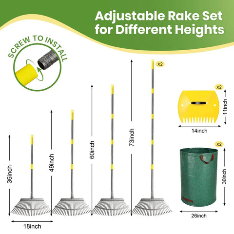 2 Pack 18 Inch Wide Heavy Duty Garden Rake Set For Leaves With 73 Inch Adjustable Handles And 25 Tines Includes 72 Gallon Leaf Bags And Scoops