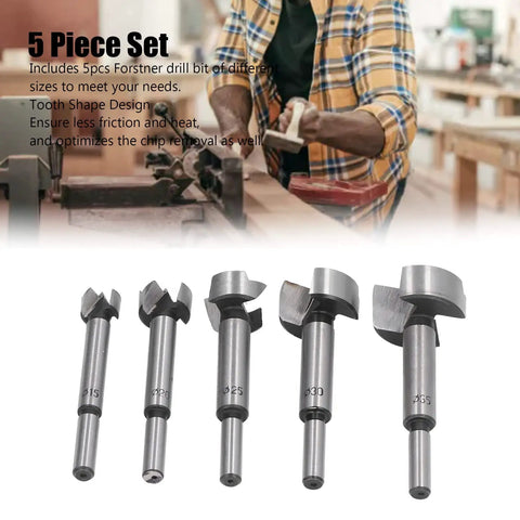Pro Grade 5 Piece Forstner Drill Bit Set Made From Quality High Speed Carbon Steel with five cutters from 15mm to 35mm.