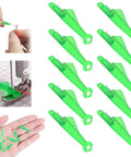 10 Pcs Fish Mouth Sewing Machine Needle Threader Set Upgraded 2024 Automatic Needle Threader Tool Easy Quick Threading For Home Sewing Machines Durable Plastic And Metal Green, showing threaders in hand and installed