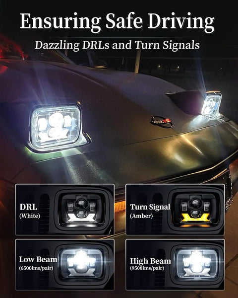 180W Beast Bright LED Headlights H6054 5x7 7x6 installed on Jeep Cherokee with DRL, turn signal, high and low beam features visible