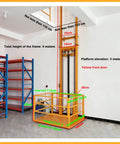 Heavy Duty Hydraulic Lift Platform For Factory Material Handling With One Touch Electric Control And 32 Foot Vertical Cargo Elevation shown in a workshop with dimensions.