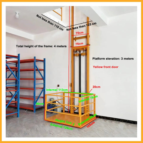 Heavy Duty Hydraulic Lift Platform For Factory Material Handling With One Touch Electric Control And 32 Foot Vertical Cargo Elevation shown in a workshop with dimensions.