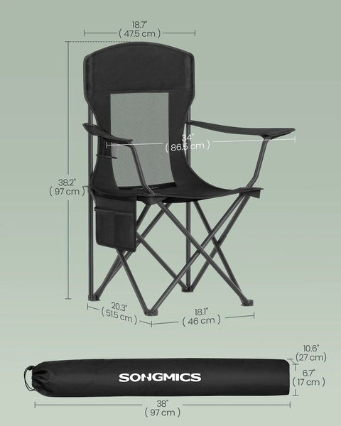 Two-Pack Breathable Camping Chairs Set With High Back Support, 330 Lb Capacity, Foldable Outdoor Chairs With Adjustable Armrests And Cup Holder, Ink Black, shown with dimensions and carry bag.