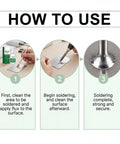 Guide image showing steps to use Liquid Flux Soldering Paste 50ml for Electronics DIY and PCB Assembly, Pro Grade Solder Flux.
