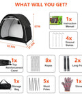 Rain Covered Bike Storage Tent For 2 To 3 Bikes Outdoor Waterproof Shelter shown with accessories and dimensions
