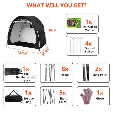 Rain Covered Bike Storage Tent For 2 To 3 Bikes Outdoor Waterproof Shelter shown with accessories and dimensions