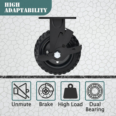 Beefy 8 Inch Caster Wheel With Brake Set Of 2 1100 Lbs Capacity Black Rim Solid Rubber Cast Iron Outdoor Flat Free For Carts Dolly