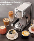 Barista Grade Home Espresso Machine With 20 Bar Pump And Milk Frother Stainless Steel Build Compact Commercial Style Coffee Maker For Cafe Quality Lattes And Cappuccinos At Home displayed with various espresso drinks on a counter.