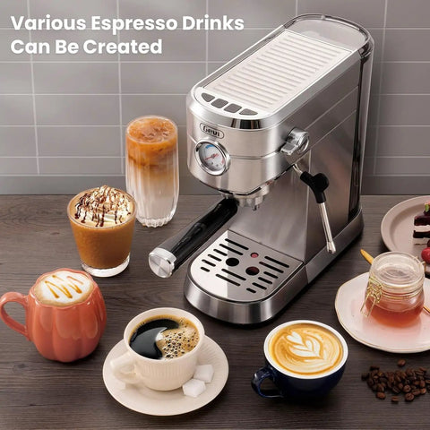 Barista Grade Home Espresso Machine With 20 Bar Pump And Milk Frother Stainless Steel Build Compact Commercial Style Coffee Maker For Cafe Quality Lattes And Cappuccinos At Home displayed with various espresso drinks on a counter.