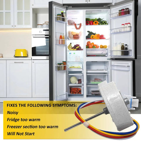 Open refrigerator with food, highlighting Drop In Evaporator Fan Motor WR60X10185 For GE And Hotpoint Refrigerators Replacement Part AP3875639 Cross References Including WR60X10043 WR60X10154 WR23X10353 9.75V DC 3.25W 6 Pin Plug 4 Wires Plug And Play Easy Install.