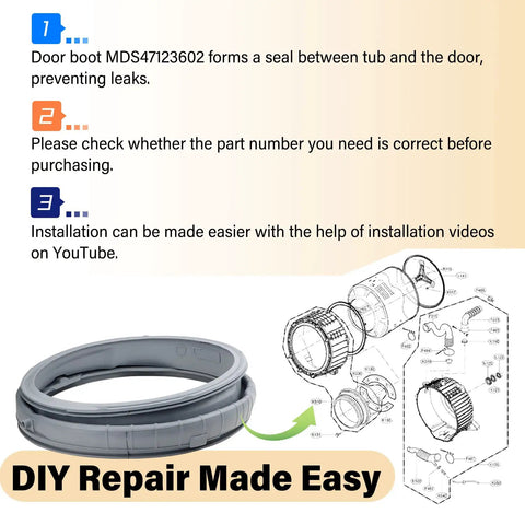 Washer Door Boot Seal Replacement For LG And Kenmore Elite Washers, MDS47123601 02 Compatible Gasket shown with instructions