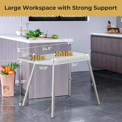 304 Stainless Steel BBQ Grill Table For 20 Inch Tabletop Griddles Adjustable Folding Outdoor Prep Station depicted in a kitchen setting.